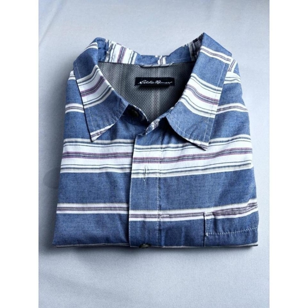 Eddie Bauer Dadcore Officewear Mens XL Blue Striped‎ Short Sleeve Shirt